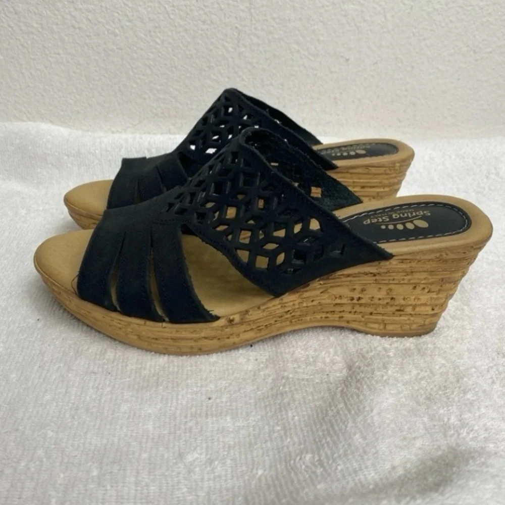 Spring Step Women Black Leather Perforate Faux Cork Wedge Platform Sandal Sz 7.5
